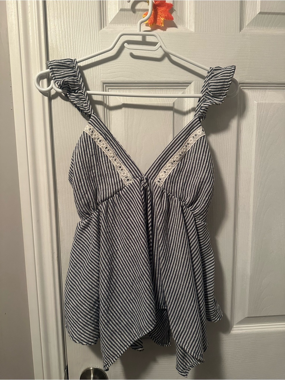 Striped Blue and White Ruffle Shoulder Tank with Lace Trim